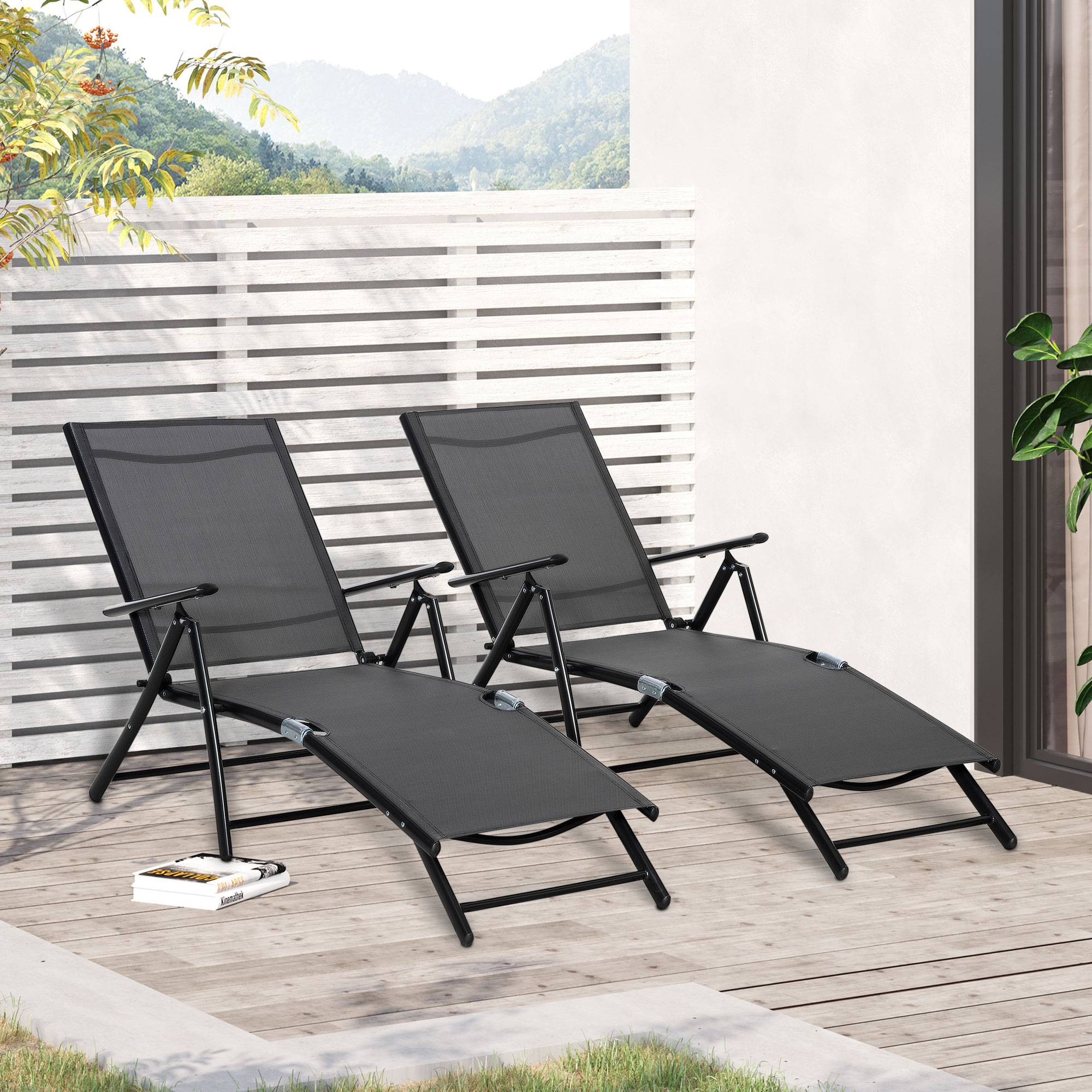 Lot de 2 bain de soleil, chaise longue pliante, dossier réglable - 64x134x95cm Aluminium Noir fr78 - Image 3
