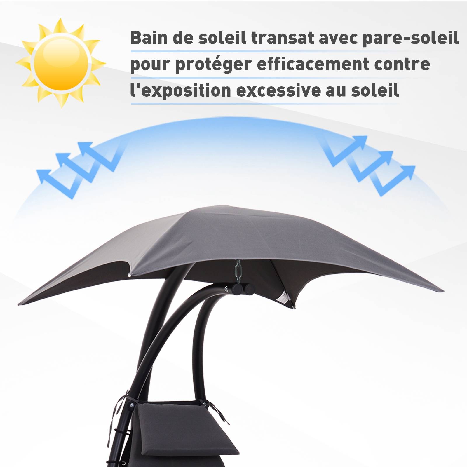 Outsunny - Bain de soleil transat suspendu avec pare-soleil et matelas design contemporain 190L x 115l x 190H cm acier polyester gris foncé noir - Outsunny - Image 6
