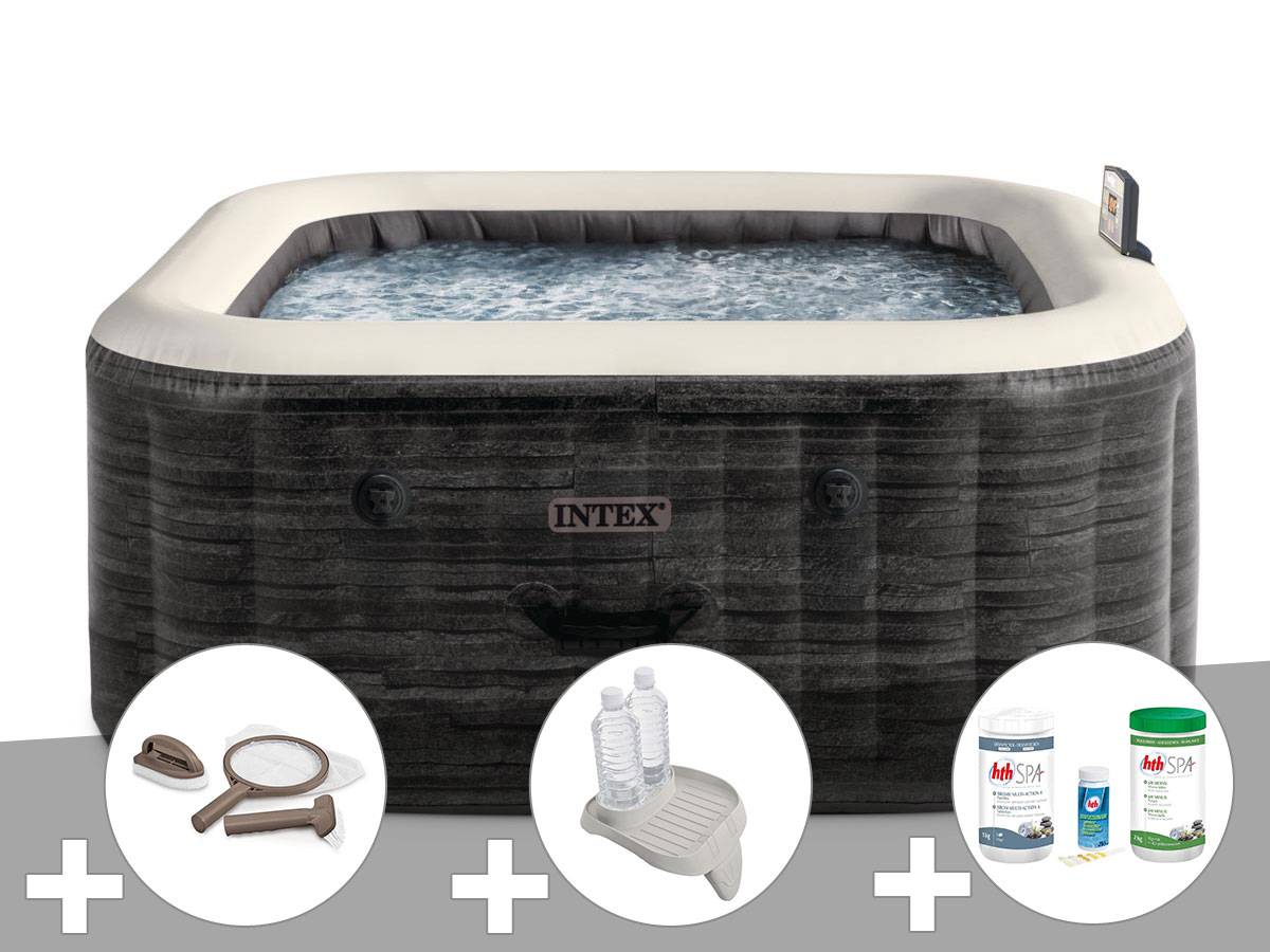 Kit spa gonflable Intex PureSpa Ardoise carré Bulles 4 places + Kit d'entretien + Porte-verre + Kit de traitement brome