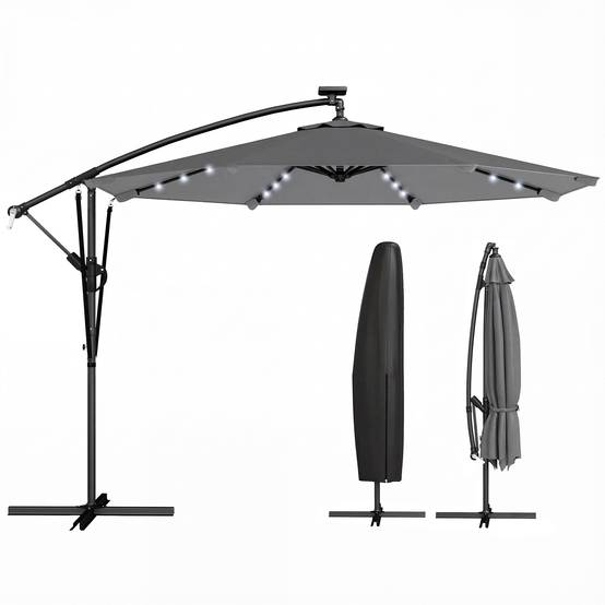 Parasol Déporté Parasol de Jardin LED Solaire 32 Lampes LED Manivelle UV 50+ et Housse de Protection Ø 295cm Gris - Image 1