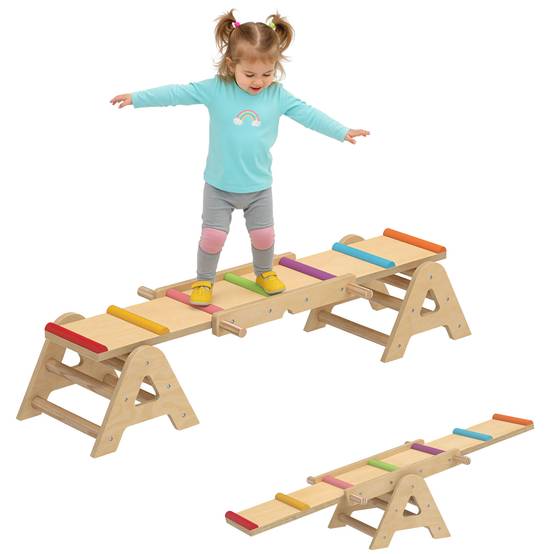 Balançoire équilibre enfant 2 en 1 poutre bois planche équilibre 133 x 38 x 24 cm - Image 1