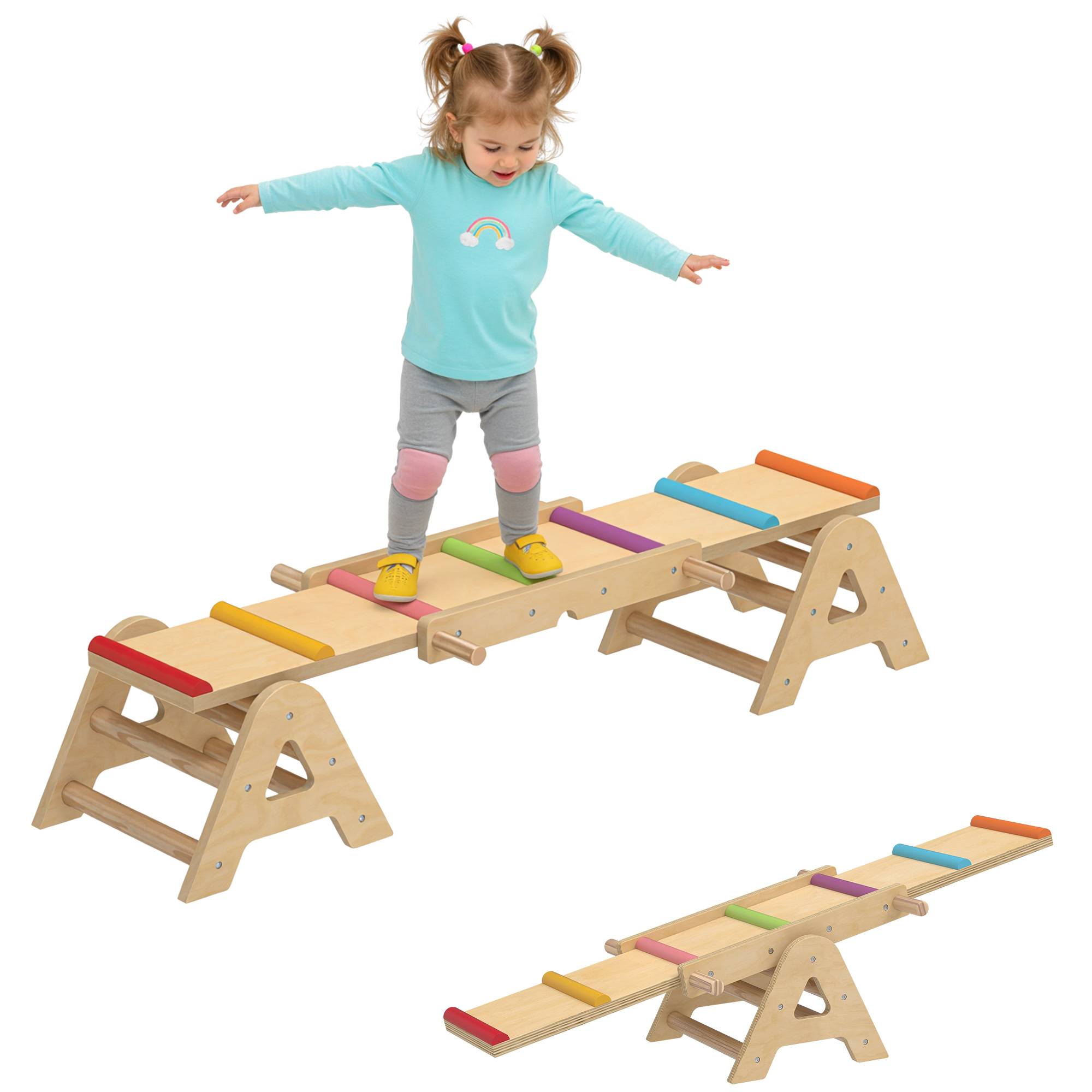 Balançoire équilibre enfant 2 en 1 poutre bois planche équilibre 133 x 38 x 24 cm - Image 1