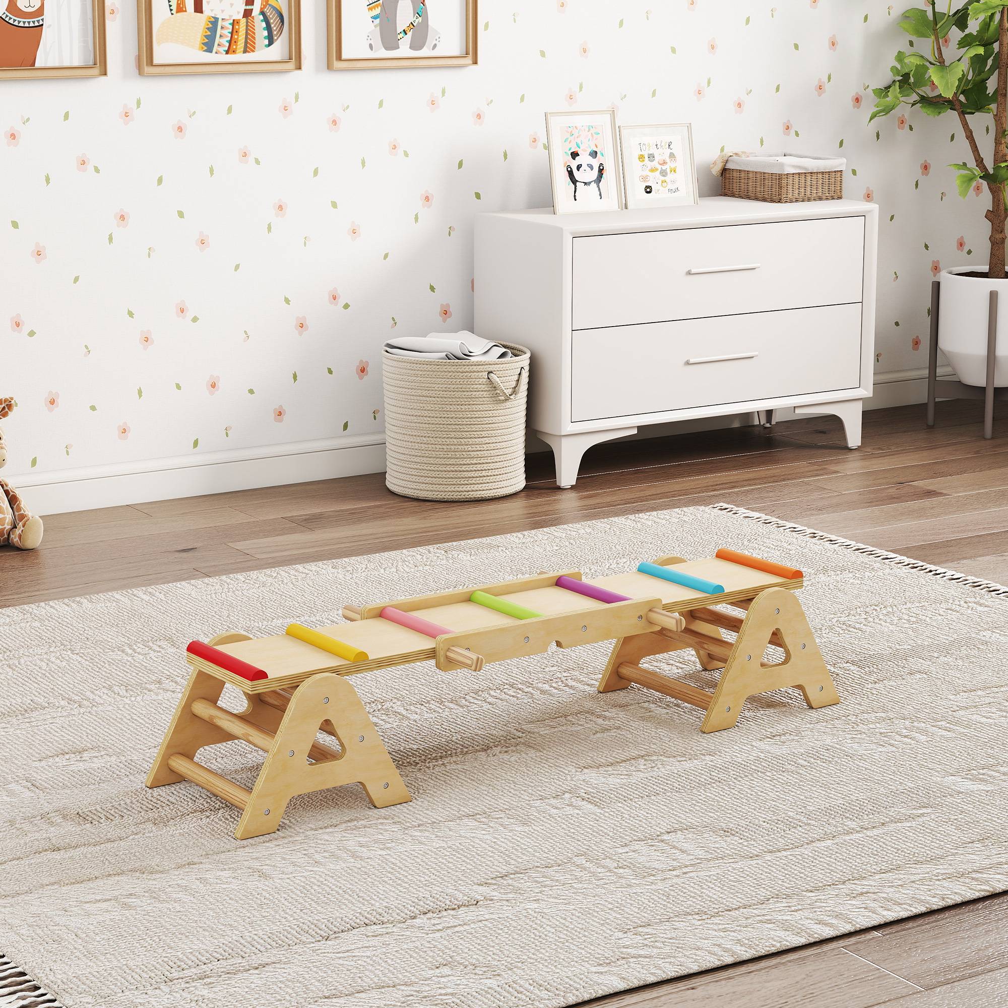 Balançoire équilibre enfant 2 en 1 poutre bois planche équilibre 133 x 38 x 24 cm - Image 4