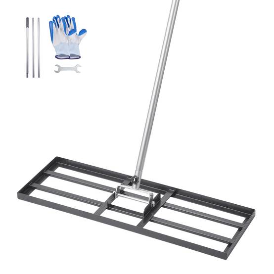 VEVOR Rateau nivellement pelouse, 762x254x2290 mm, manche 2130 mm. Acier carbone, pour cour, golf, jardin. - Image 1