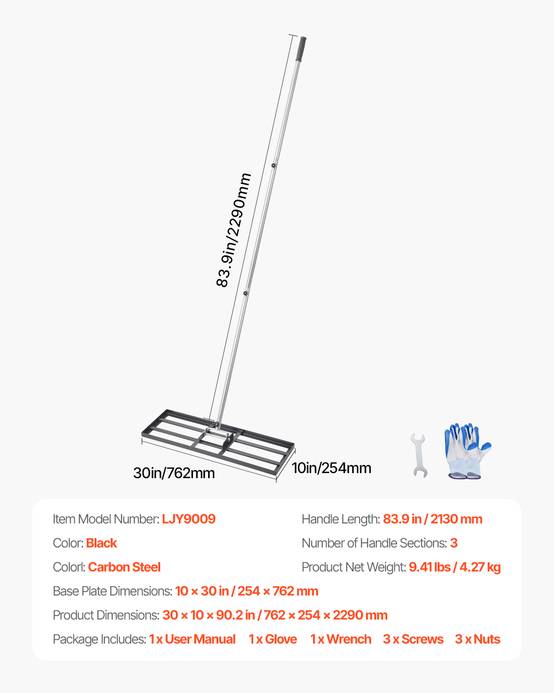 VEVOR Rateau nivellement pelouse, 762x254x2290 mm, manche 2130 mm. Acier carbone, pour cour, golf, jardin. - Image 7