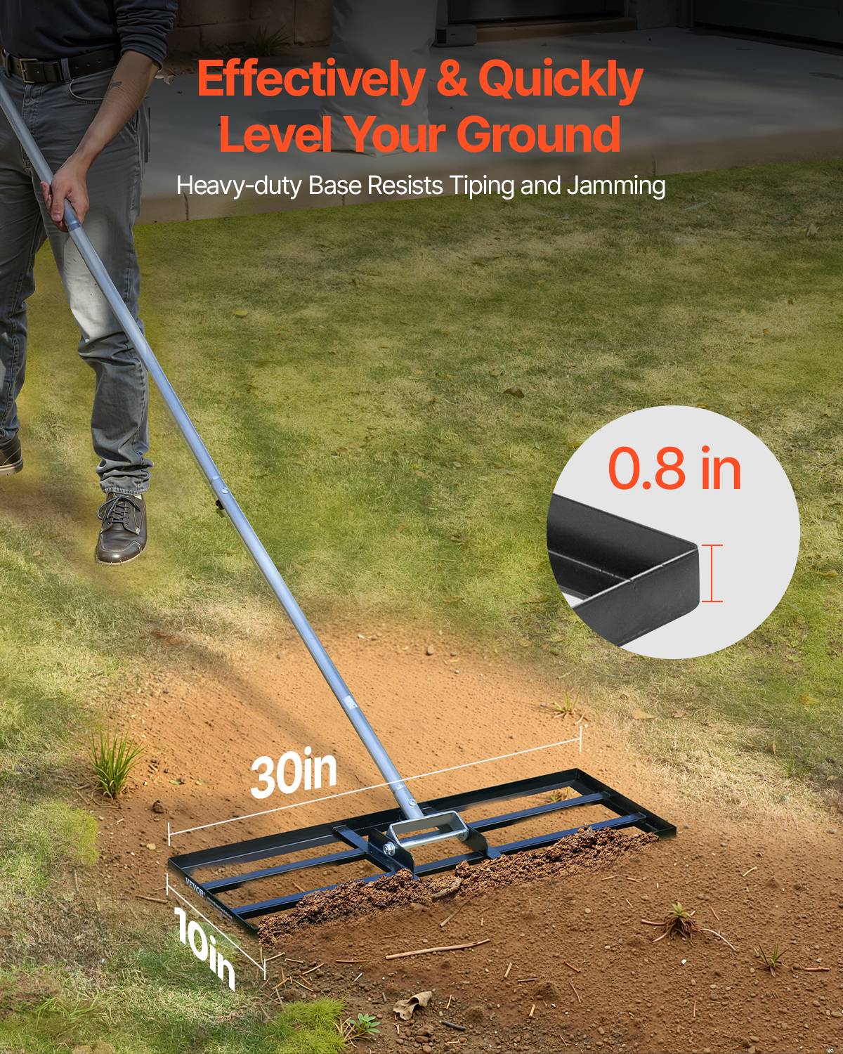 VEVOR Rateau nivellement pelouse, 762x254x2290 mm, manche 2130 mm. Acier carbone, pour cour, golf, jardin. - Image 2