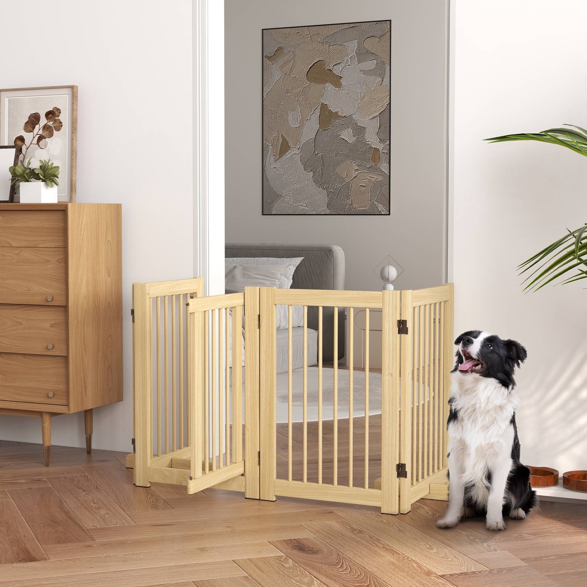 Sans Marque - Barrière pour chien autonome, 4 panneaux flexibles, pin, 204Lx36Bx75H cm, bois naturel - Image 3