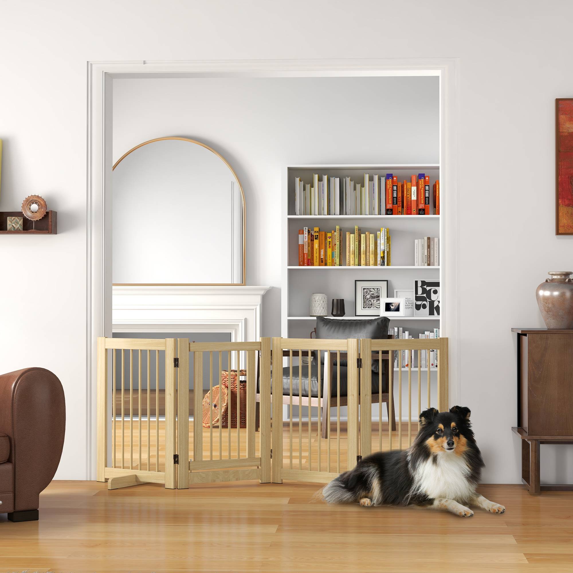 Sans Marque - Barrière pour chien autonome, 4 panneaux flexibles, pin, 204Lx36Bx75H cm, bois naturel - Image 4
