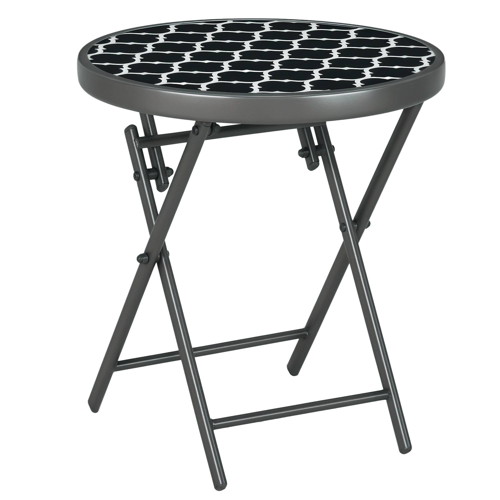 Table basse pliante table d'appoint pliante plateau en verre trempé motifs noirs et blancs en métal Ø 45 x 50 cm noir - Image 1