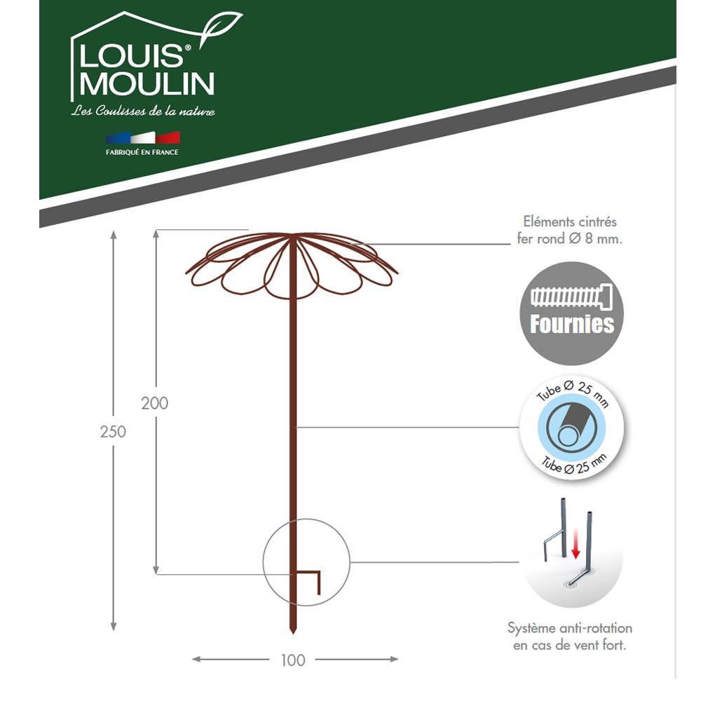 Louis Moulin - Tuteur parapluie 9 pétales fer vieilli - 100x250 cm - Acier époxy Louis Moulin - Image 3