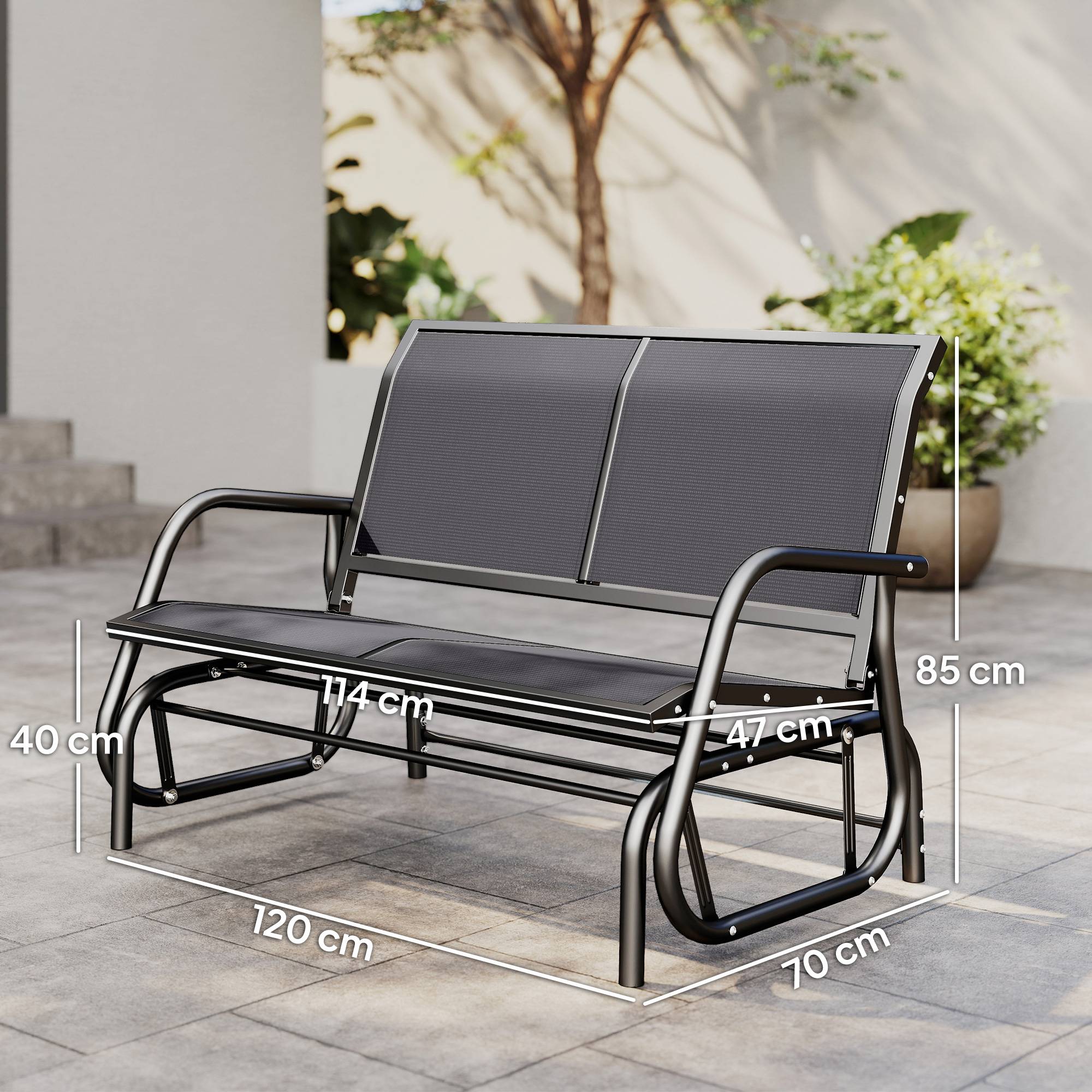 Banc à Bascule de Jardin 2 Places Design Contemporain Grand Confort accoudoirs Assise, Dossier Ergonomique Acier textilène Gris - Image 5