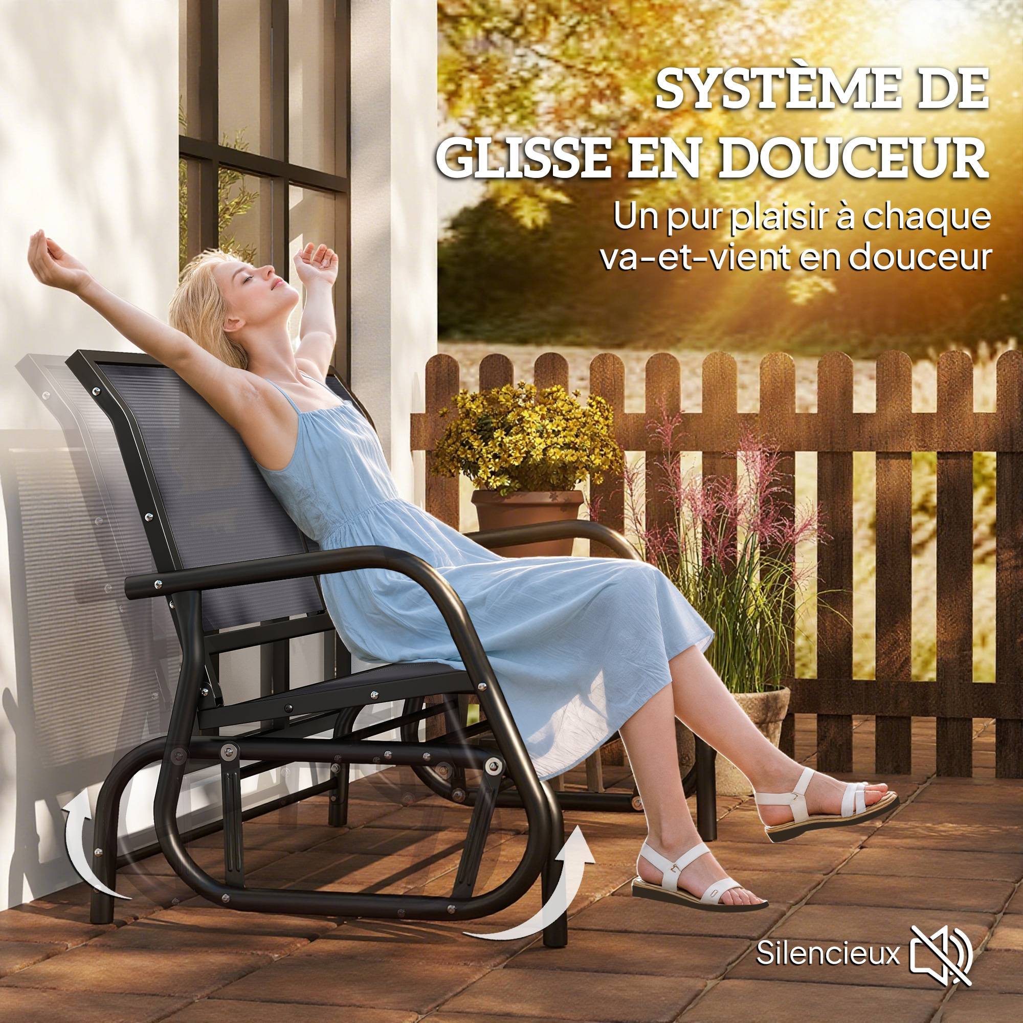 Banc à Bascule de Jardin 2 Places Design Contemporain Grand Confort accoudoirs Assise, Dossier Ergonomique Acier textilène Gris - Image 6