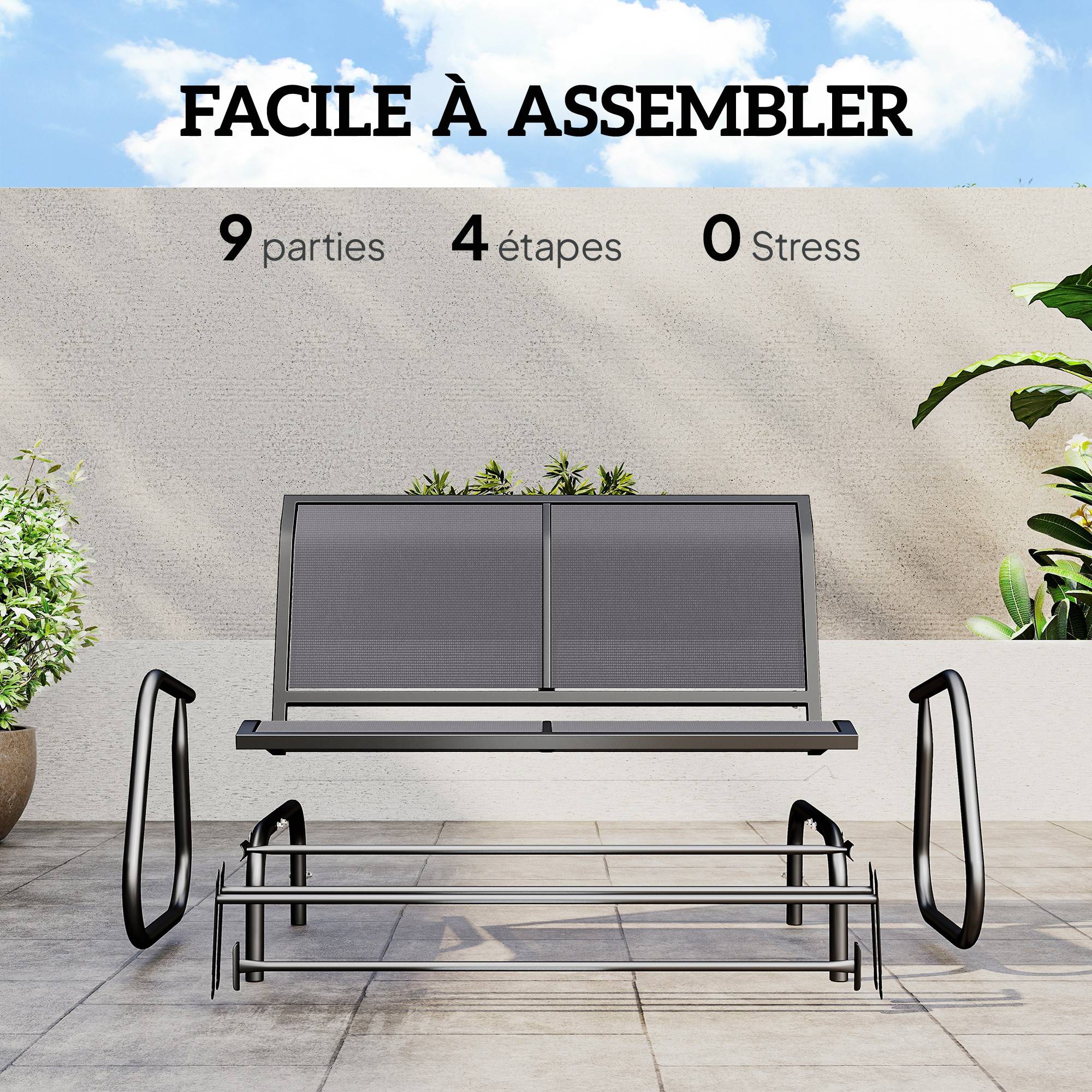 Banc à Bascule de Jardin 2 Places Design Contemporain Grand Confort accoudoirs Assise, Dossier Ergonomique Acier textilène Gris - Image 7