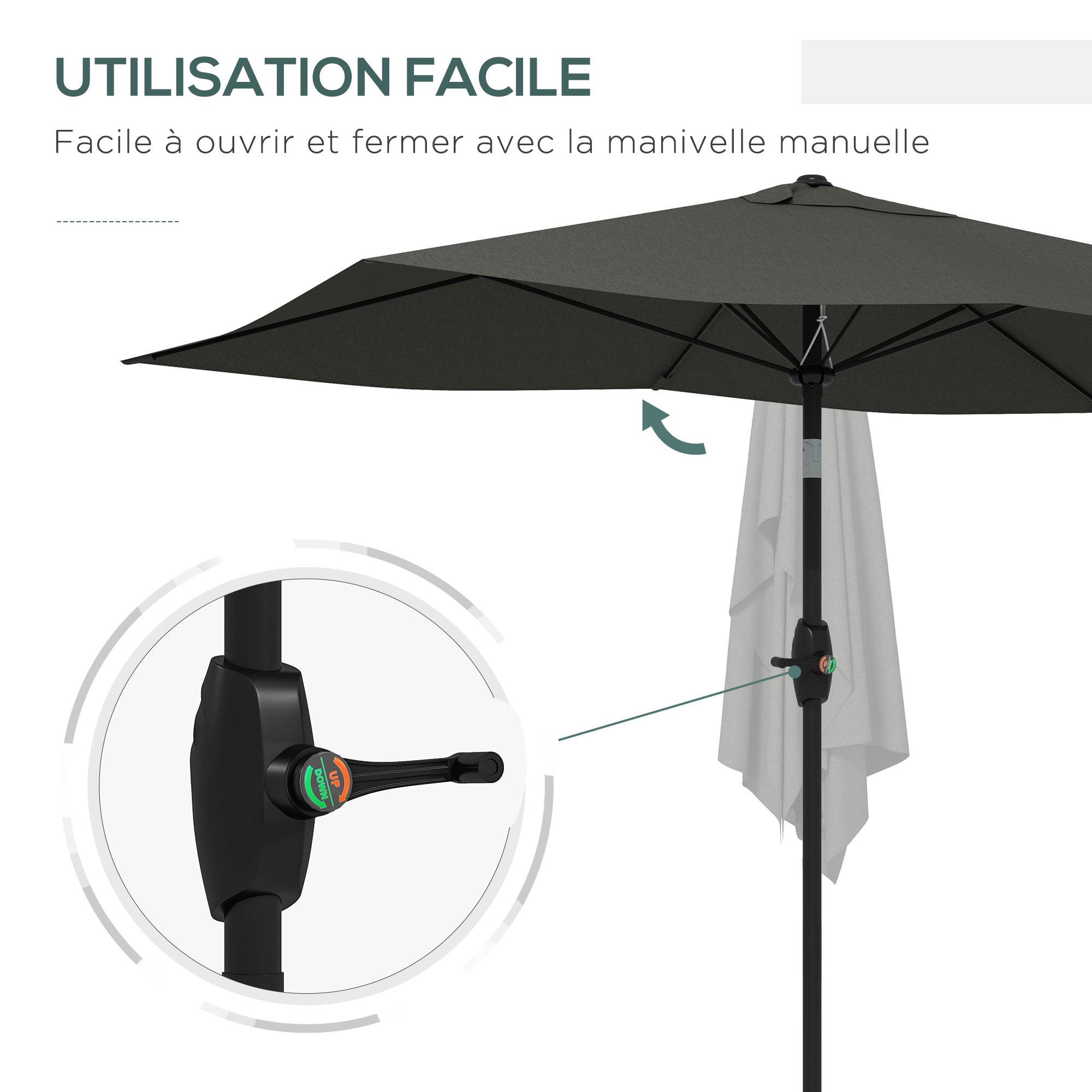 Parasol rectangulaire inclinable avec manivelle en aluminium et polyester gris foncé 290 x 200 x 248 cm - PANGIVO - Image 7