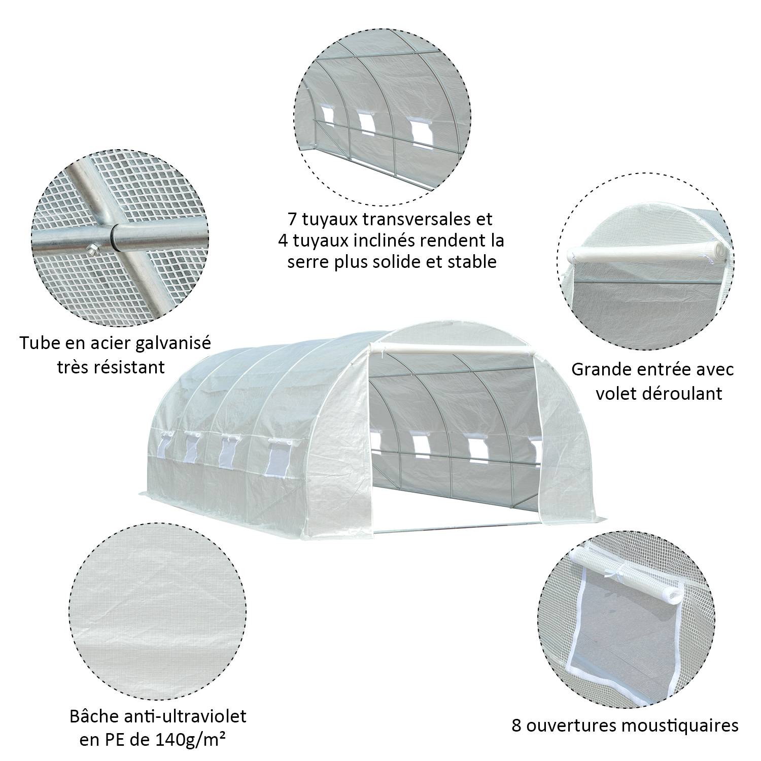 Serre tunnel maraîchère acier renforcé culture fruits légumes 8 fenêtres 600x300x200cm blanc - ComfortXL Outdoor Living - Image 6