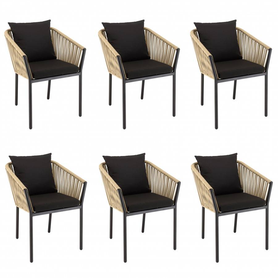 Macabane - MALO - SALON DE JARDIN 6 PERS. - 1 Table rectangulaire 180x100cm et 6 fauteuils beiges et noirs avec coussin - Image 10