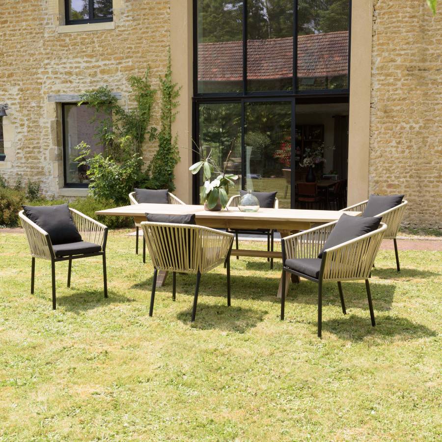 Macabane - MALO - SALON DE JARDIN 6 PERS. - 1 Table rectangulaire 180x100cm et 6 fauteuils beiges et noirs avec coussin - Image 2