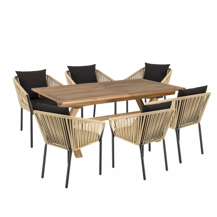 Macabane - MALO - SALON DE JARDIN 6 PERS. - 1 Table rectangulaire 180x100cm et 6 fauteuils beiges et noirs avec coussin - Image 1