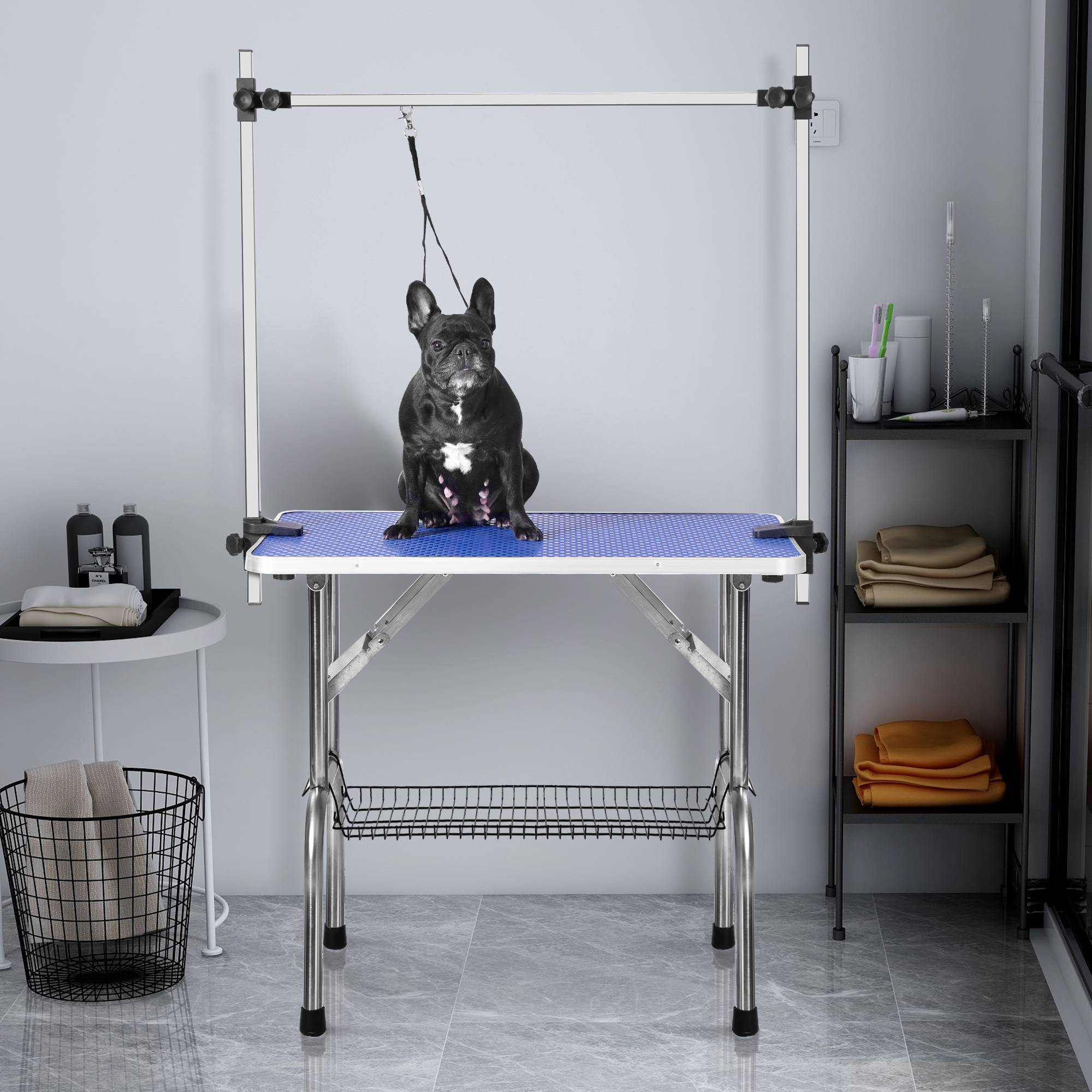 Table de toilettage pliante animaux domestiques 117 x 61 x 76 cm acier inoxydable et MDF bleu - PANGIVO - Image 2