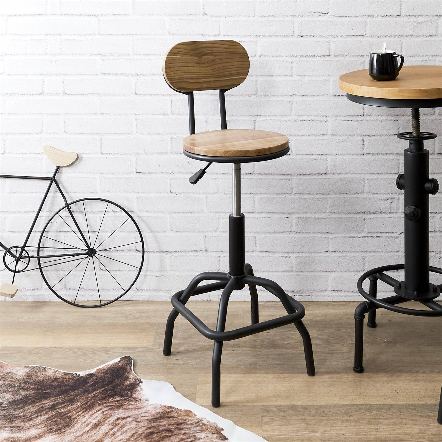 Importdistrib - Tabouret Chaise de bar hauteur régalble en bois et métal IMPORTDISTRIB - Image 5
