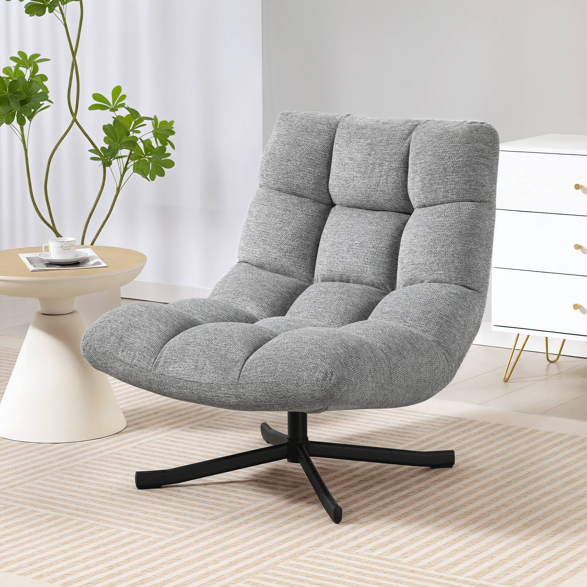 Fauteuil salon sans accoudoirs, chaise pivotante en tissu chenille, assise large, 75 x 95 x 90 cm, gris - Image 4