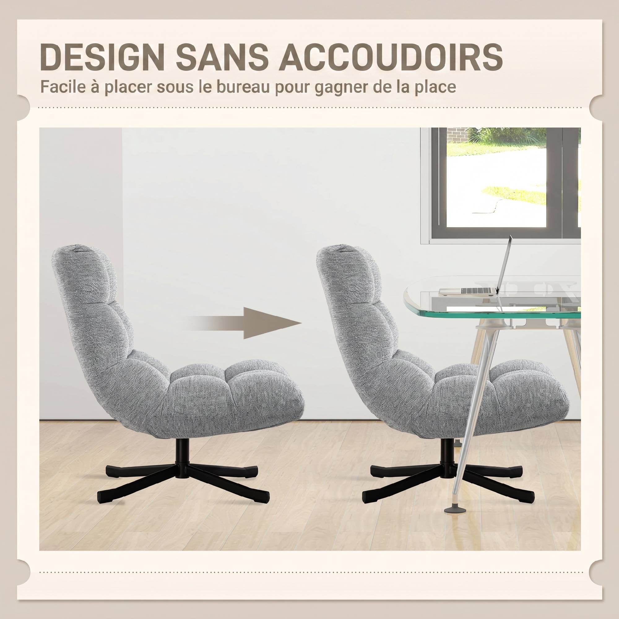 Fauteuil salon sans accoudoirs, chaise pivotante en tissu chenille, assise large, 75 x 95 x 90 cm, gris - Image 8