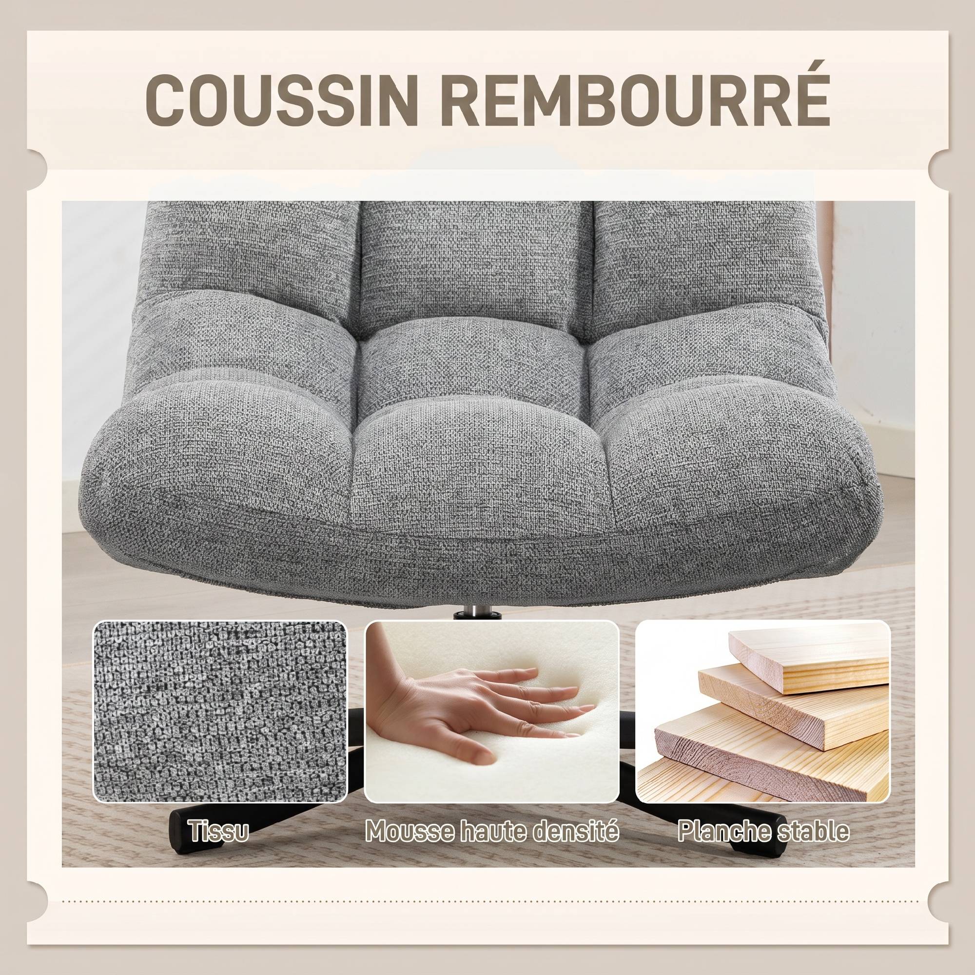 Fauteuil salon sans accoudoirs, chaise pivotante en tissu chenille, assise large, 75 x 95 x 90 cm, gris - Image 7