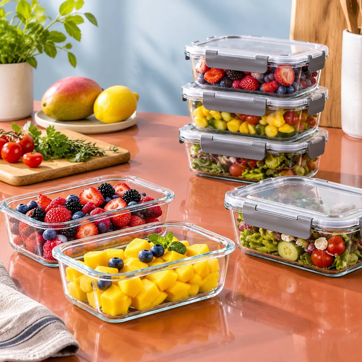 Set de 8 Contenants Alimentaires en Verre Borosilicate avec Couvercles Hermétiques - Image 9
