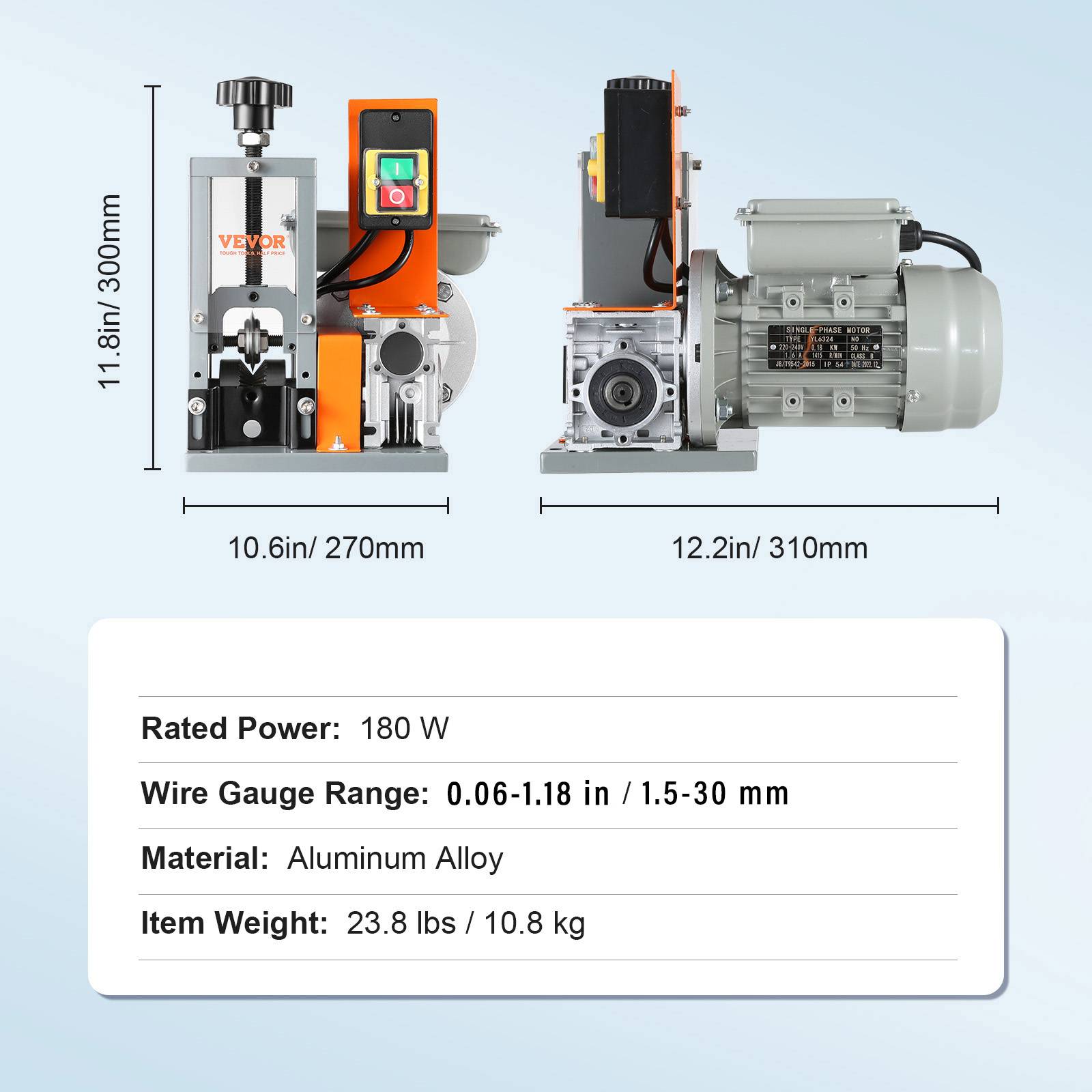 VEVOR Dénudeuse électrique 180W, câbles 1.5-25mm, 18m/min, référence profondeur visible. - Image 7