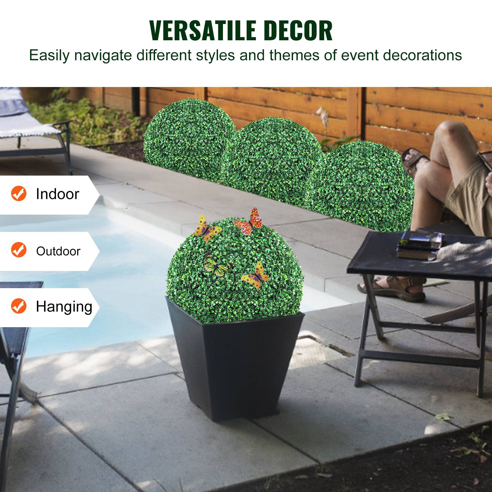 Vevor - VEVOR Buis topiaire artificiel 406 mm, boule, 2 plantes PE. 10 feuilles, papillons, décoration jardin. - Image 6