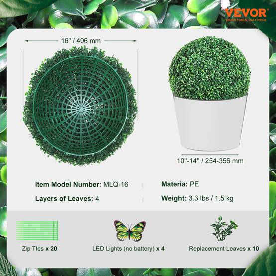 Vevor - VEVOR Buis topiaire artificiel 406 mm, boule, 2 plantes PE. 10 feuilles, papillons, décoration jardin. - Image 7