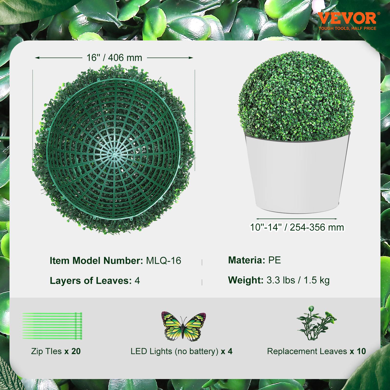 Vevor - VEVOR Buis topiaire artificiel 406 mm, boule, 2 plantes PE. 10 feuilles, papillons, décoration jardin. - Image 7