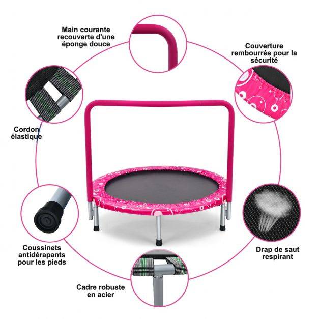Helloshop26 - Trampoline enfants pliable diamètre 92 cm avec housse de sécurité matelassée et poignée recouverte intérieur 150 kg rose+noir - Image 2