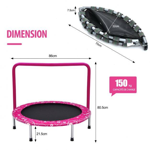 Helloshop26 - Trampoline enfants pliable diamètre 92 cm avec housse de sécurité matelassée et poignée recouverte intérieur 150 kg rose+noir - Image 4