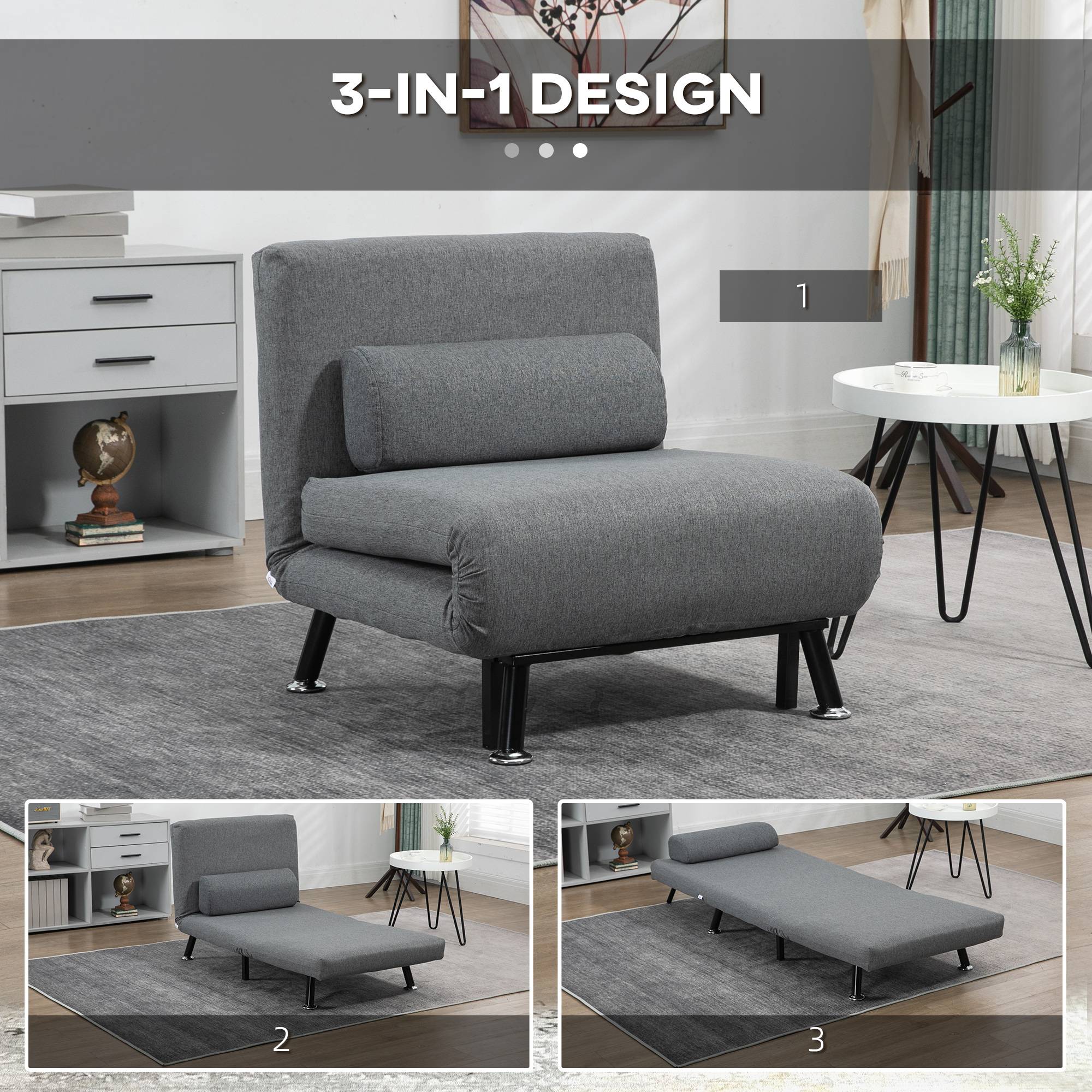 Fauteuil convertible en lit, fauteuil inclinable pliable aspect lin, dossier réglable, 75 x 70 x 75 cm, gris foncé - Image 8