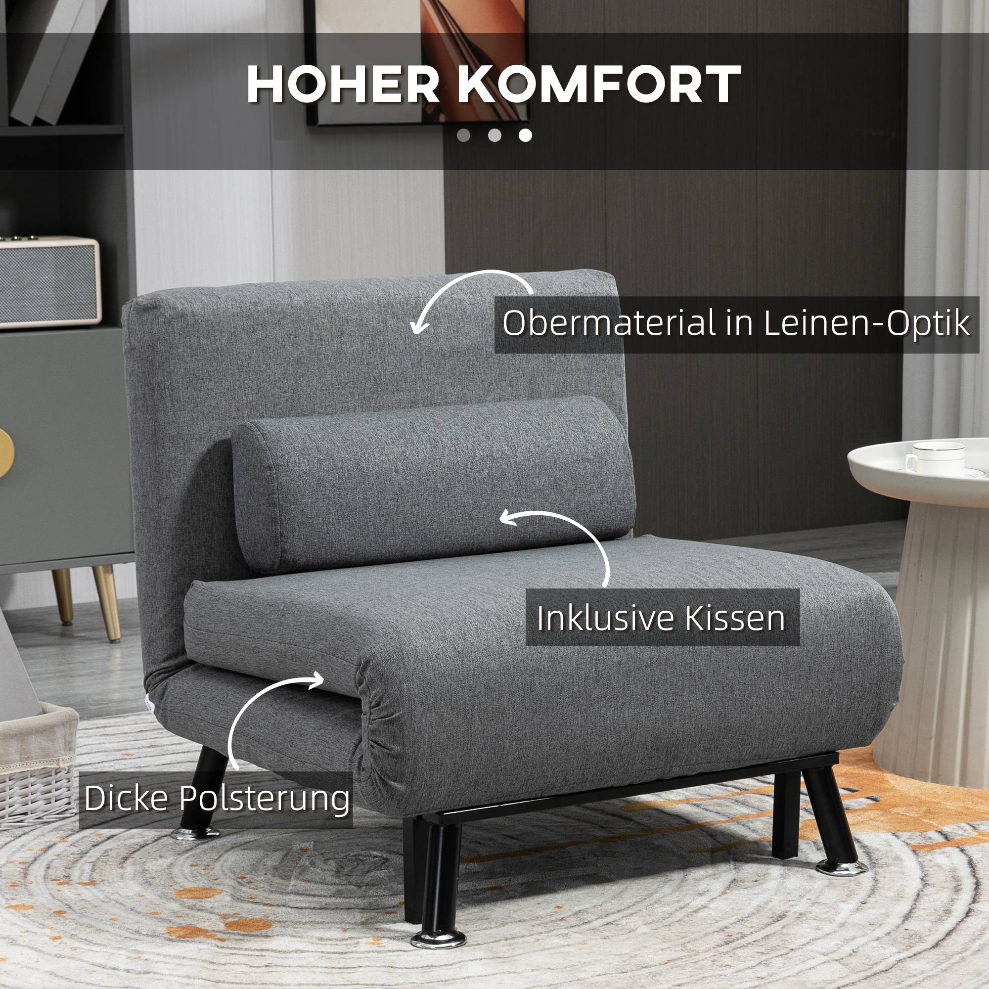 Fauteuil convertible en lit, fauteuil inclinable pliable aspect lin, dossier réglable, 75 x 70 x 75 cm, gris foncé - Image 7
