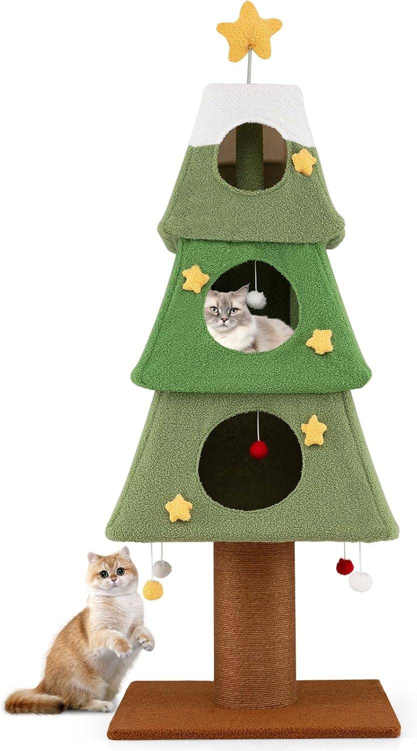 Arbre à Chat XXL de Noël 162 cm, 3 Condos, Ø19 cm Poteau à Griffer en Sisal, Arbre a Chat Maine Coon, Couvercle Amovible, Étoile en Sommet, Tour pour - Image 1