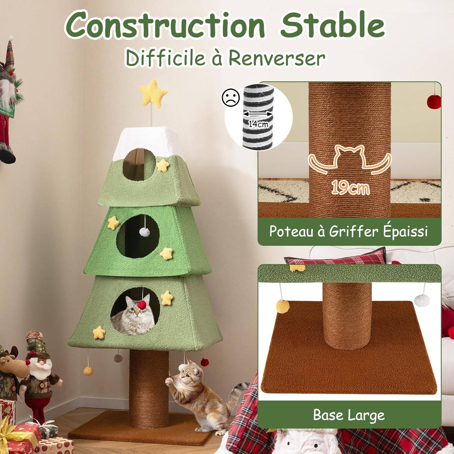 Arbre à Chat XXL de Noël 162 cm, 3 Condos, Ø19 cm Poteau à Griffer en Sisal, Arbre a Chat Maine Coon, Couvercle Amovible, Étoile en Sommet, Tour pour - Image 3