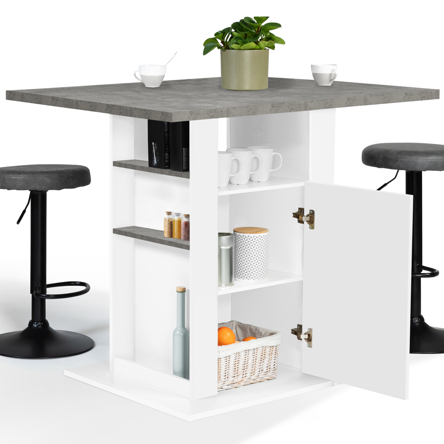 Ilot central UGO 110 cm plateau effet béton et blanc avec rangements - Image 4
