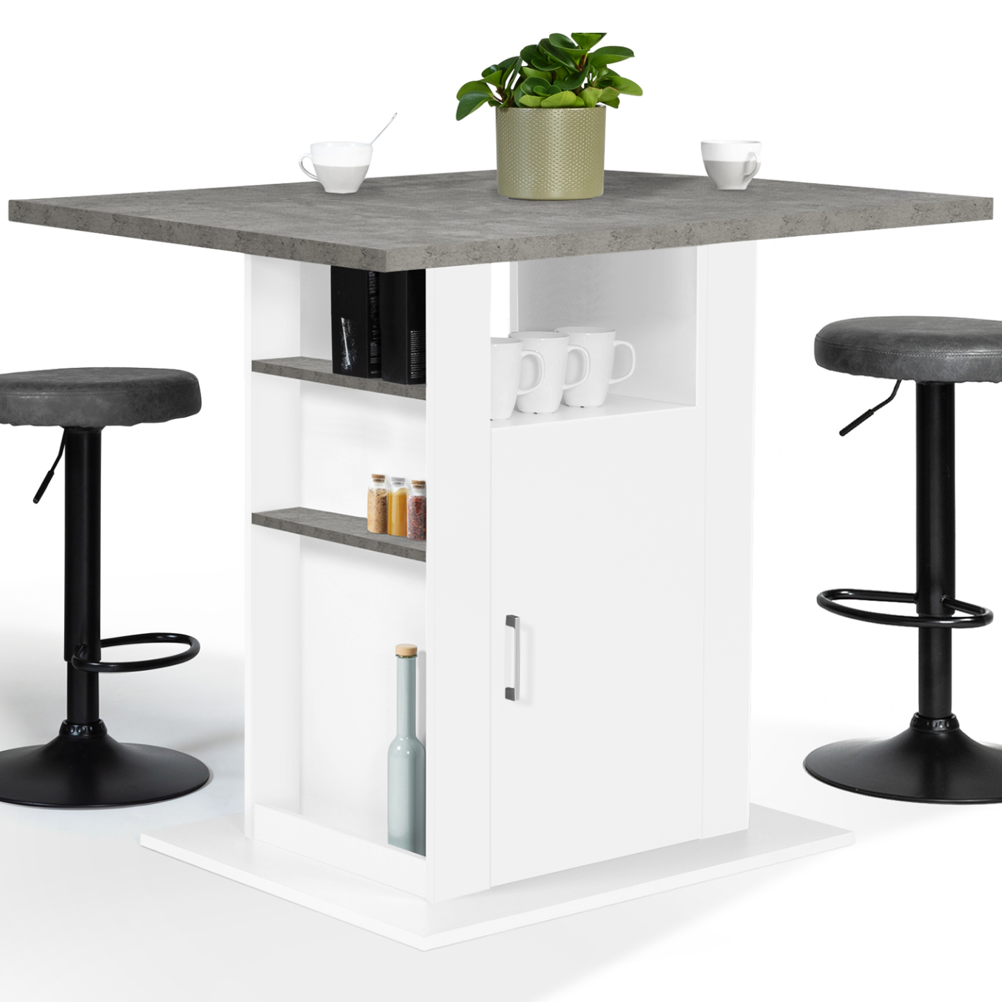 Ilot central UGO 110 cm plateau effet béton et blanc avec rangements - Image 2