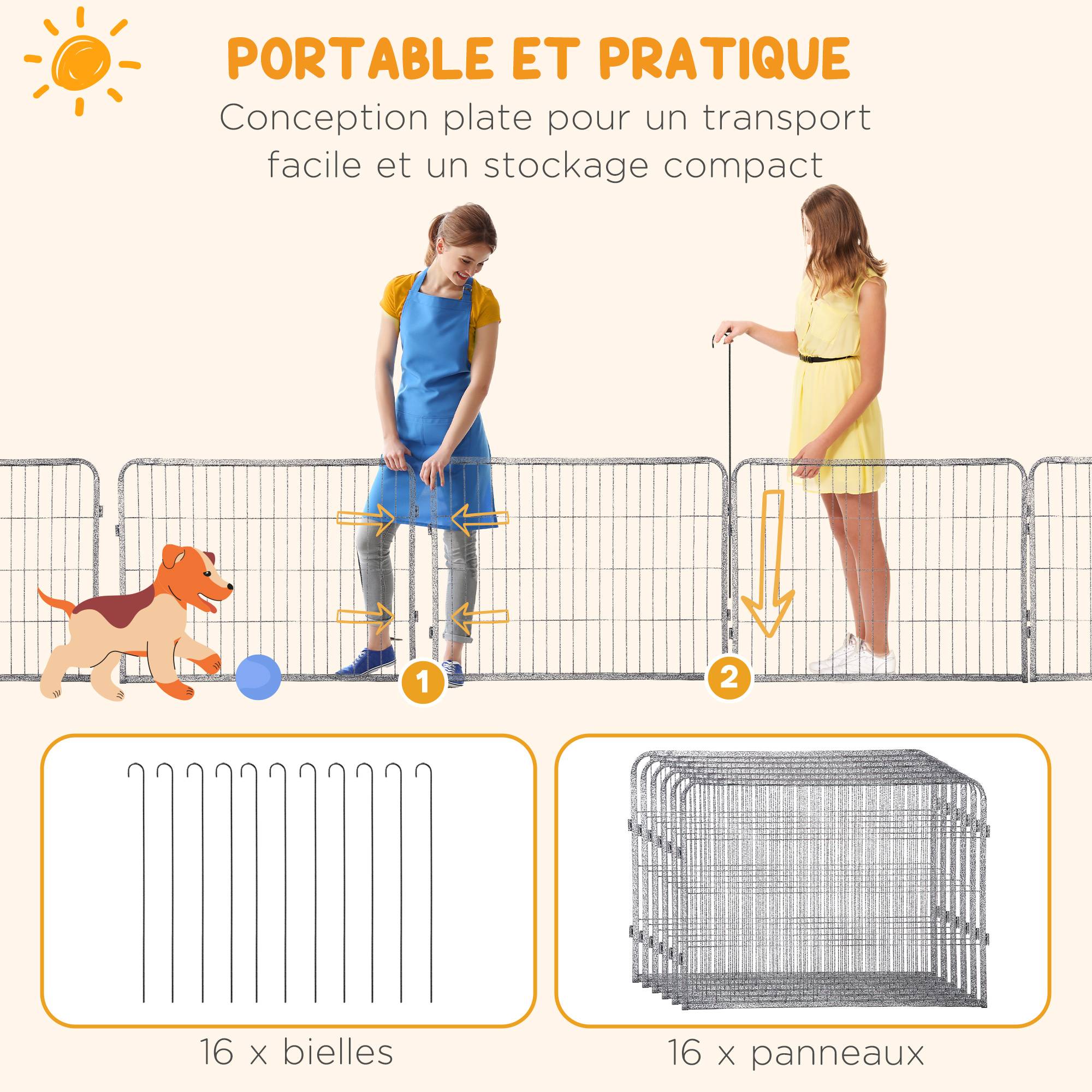 Parc pour chien, enclos chien 16 panneaux modulable et pliable, portable en acier avec portes 80 x 60 gris - Image 8