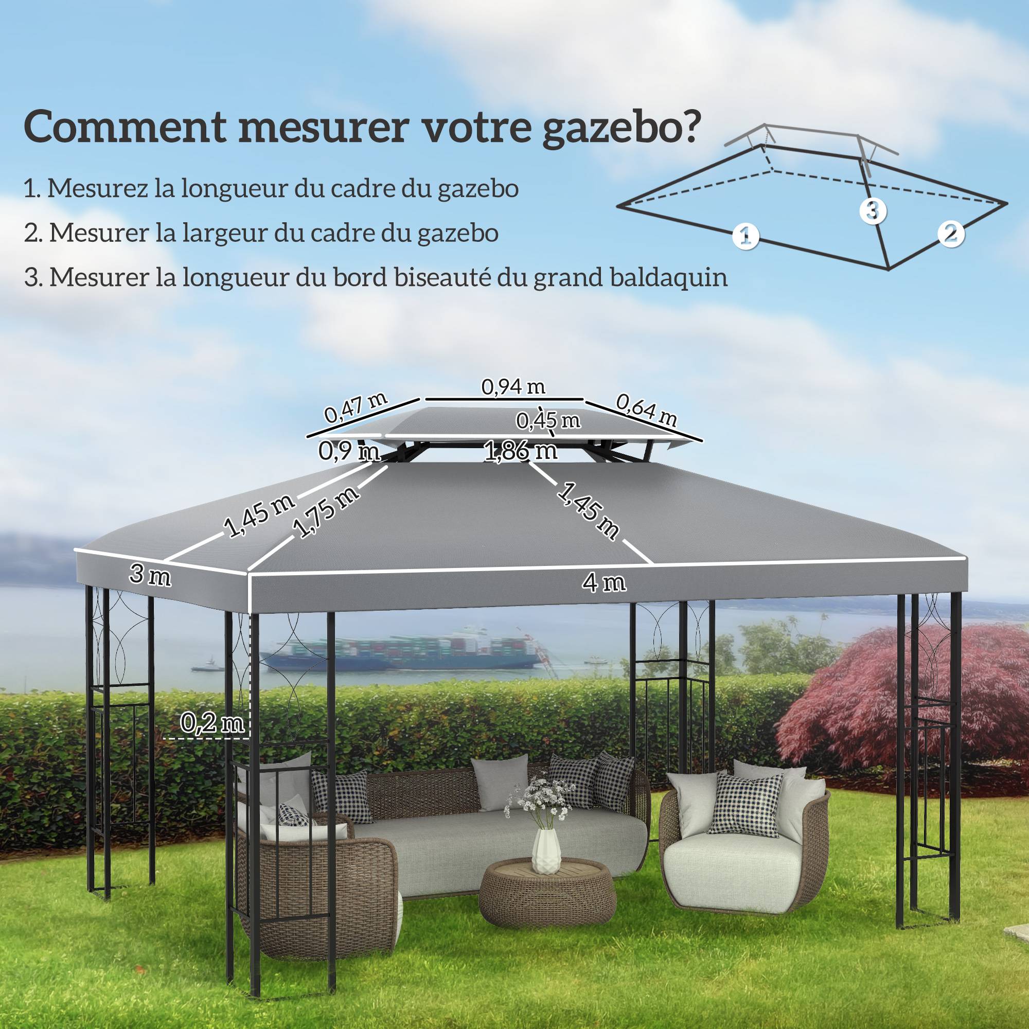 Toile de rechange pour pavillon tonnelle tente 3 x 4 m polyester haute densité 180 g/m² gris clair - Image 5