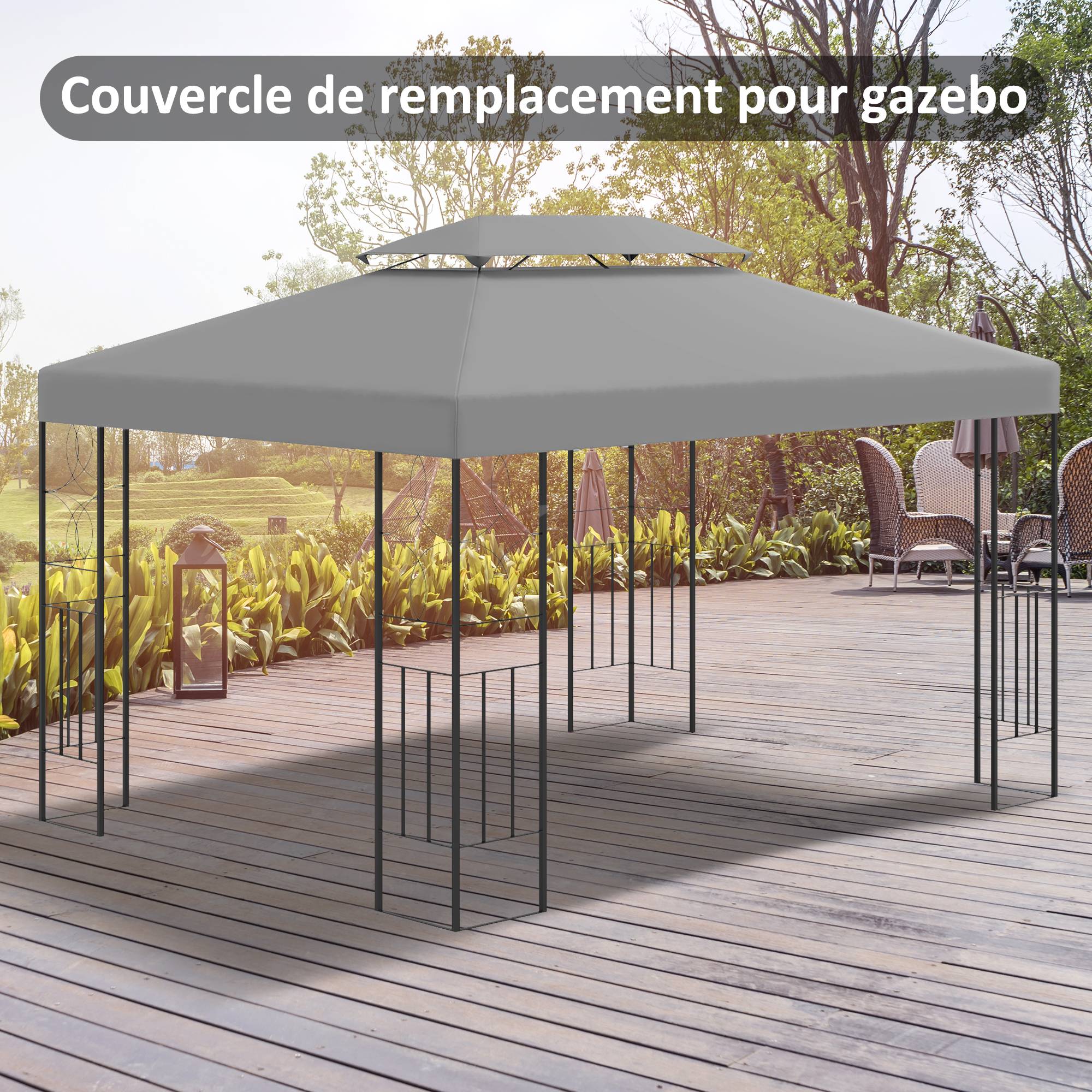 Toile de rechange pour pavillon tonnelle tente 3 x 4 m polyester haute densité 180 g/m² gris clair - Image 3