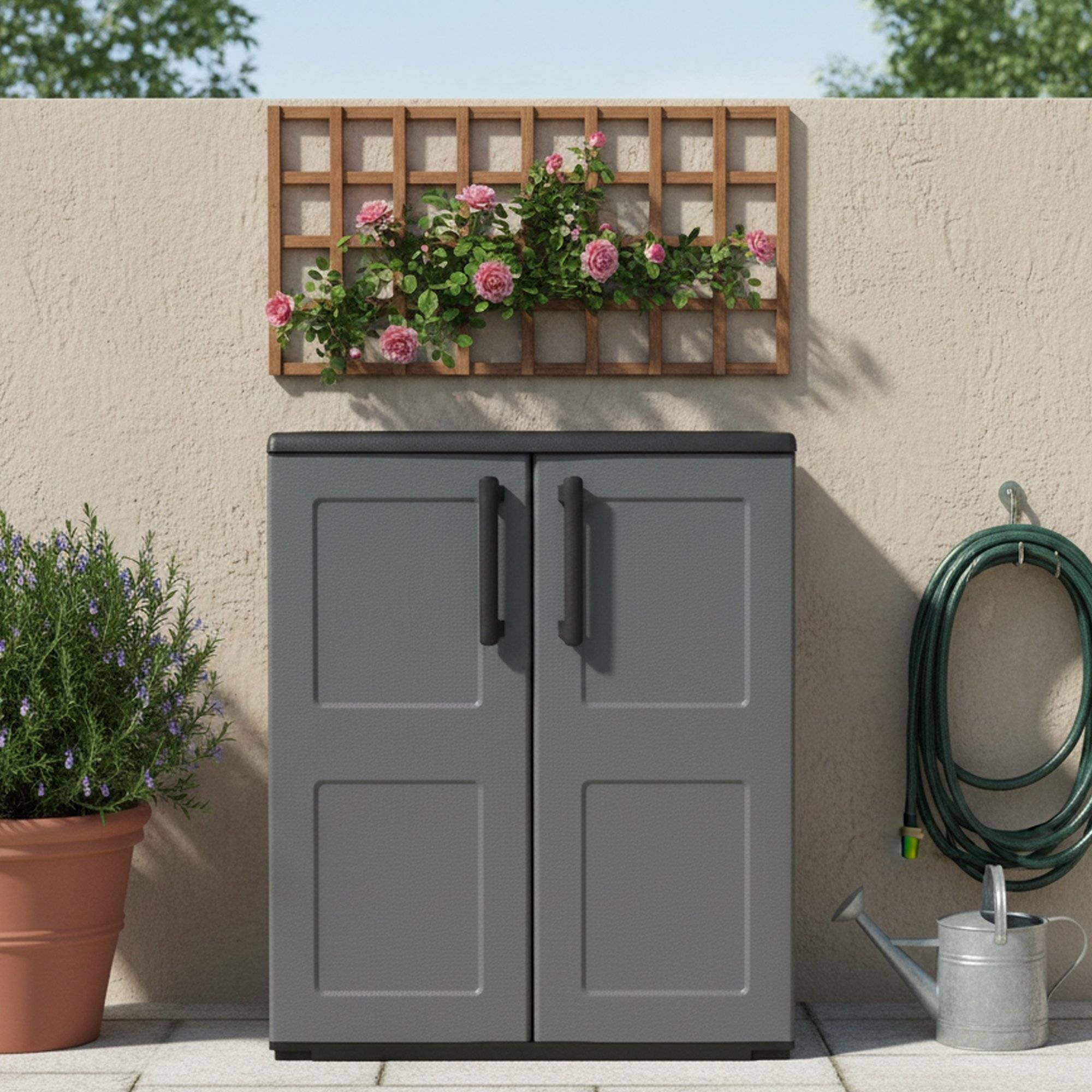 Dmora - Armoire d'extérieur Dbavagnol, Armoire de balcon polyvalente, Armoire d'extérieur avec 2 portes, 68x37h84 cm, Finition à carreaux, Gris et Noir - Image 2