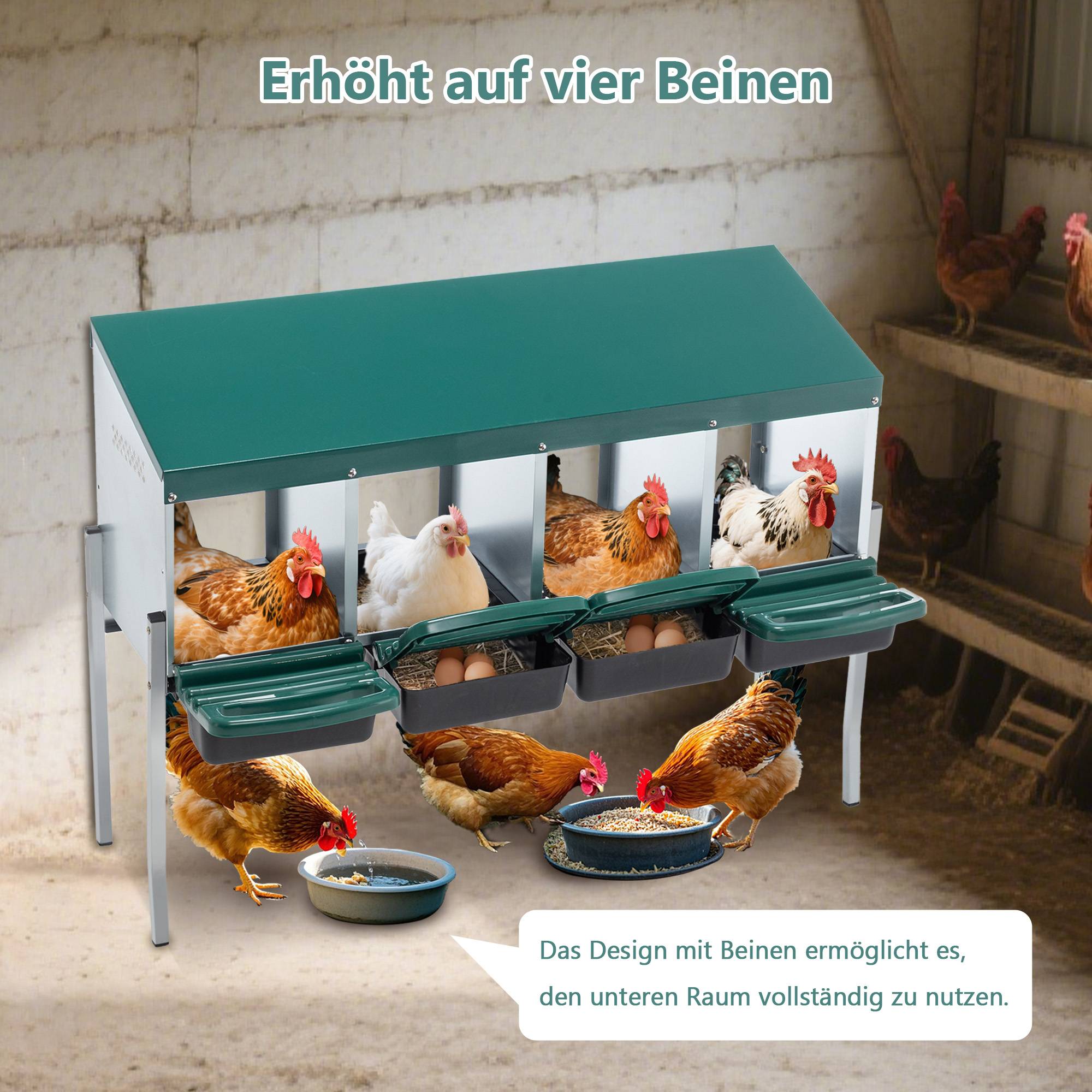 Pondoir Poules 4 Compartiments Métal Galvanisé Sur Pieds Nichoir Automatique Vert - ComfortXL Outdoor Living - Image 4