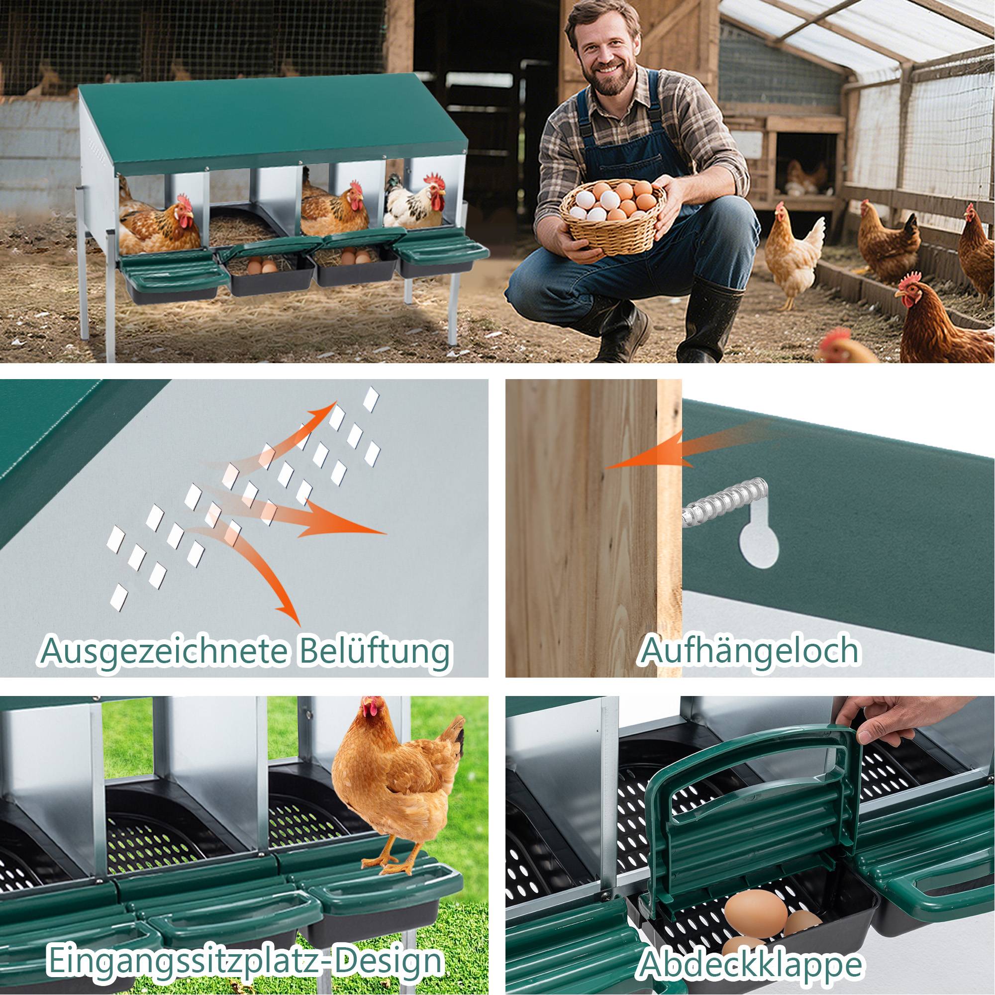 Pondoir Poules 4 Compartiments Métal Galvanisé Sur Pieds Nichoir Automatique Vert - ComfortXL Outdoor Living - Image 7