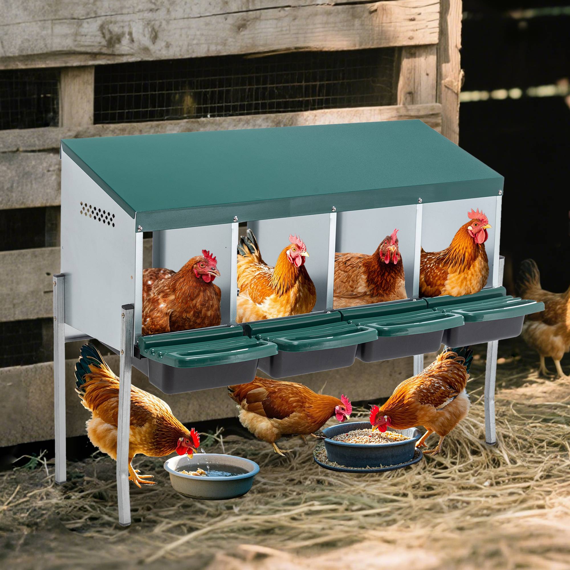 Pondoir Poules 4 Compartiments Métal Galvanisé Sur Pieds Nichoir Automatique Vert - ComfortXL Outdoor Living - Image 8