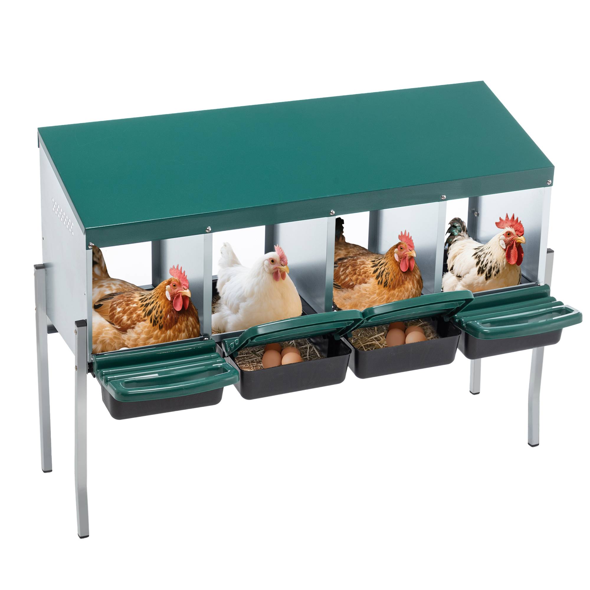 Pondoir Poules 4 Compartiments Métal Galvanisé Sur Pieds Nichoir Automatique Vert - ComfortXL Outdoor Living - Image 1