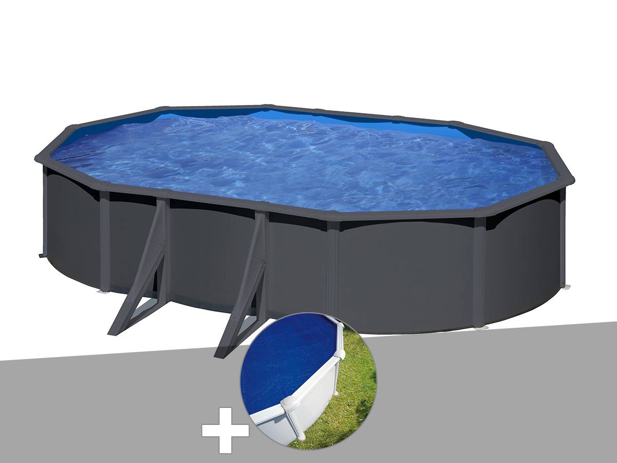 Gré - Kit piscine acier gris anthracite Gré Louko ovale 5,27 x 3,27 x 1,22 m + Bâche à bulles