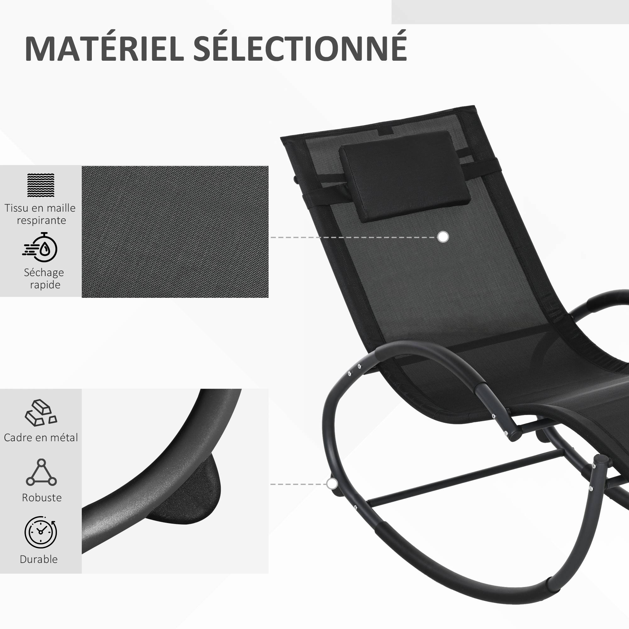 Chaise longue à bascule aluminium noir 393.7 x 154.94 x 223.52 cm - PANGIVO - Image 9
